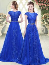  Scoop Cap Sleeves Sweep Train Lace and Appliques Blue Tulle