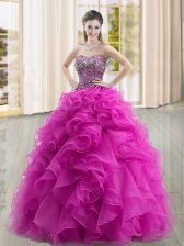 Low Price Fuchsia Sweetheart Lace Up Beading and Ruffles Sweet 16 Dress Sleeveless