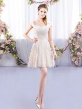 Stylish Mini Length Champagne Damas Dress Cap Sleeves Lace
