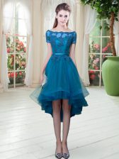 Trendy Teal Short Sleeves Tulle Lace Up Prom Party Dress for Prom and Party