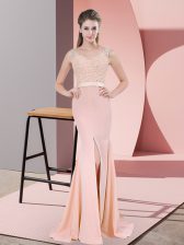 Glittering V-neck Sleeveless Sweep Train Zipper Dress for Prom Peach Chiffon