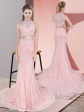  Pink Zipper Dress for Prom Beading Sleeveless Court Train