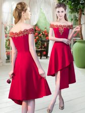 Fitting Off The Shoulder Sleeveless Zipper Prom Party Dress Red Satin
