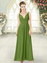 Traditional Olive Green Chiffon Backless Dress for Prom Sleeveless Ankle Length Ruching