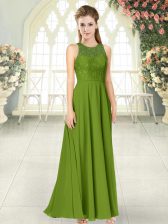  Sleeveless Chiffon Floor Length Backless Dress for Prom in Olive Green with Lace