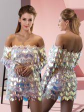  Sequined Off The Shoulder Long Sleeves Ruching in Silver