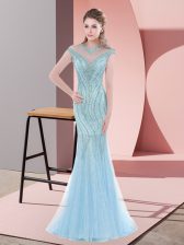 Modest Cap Sleeves Sweep Train Zipper Beading Prom Dresses