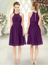 Perfect Sleeveless Chiffon Knee Length Zipper Dress for Prom in Purple with Ruching