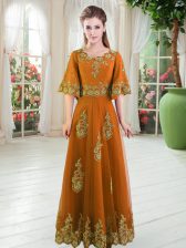  Orange Scalloped Neckline Lace Prom Dress Half Sleeves Lace Up