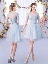  Grey Half Sleeves Lace Mini Length Quinceanera Dama Dress