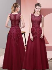  Scoop Sleeveless Tulle Prom Party Dress Lace and Appliques and Belt Zipper