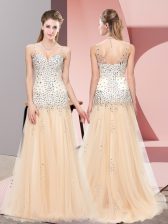  Champagne Zipper V-neck Beading Evening Dress Tulle Sleeveless Sweep Train