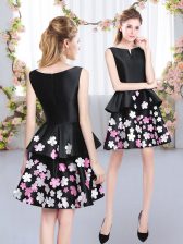 Deluxe Black A-line Satin Scoop Sleeveless Pattern Mini Length Zipper Vestidos de Damas