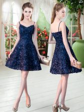 Beautiful Navy Blue Zipper Homecoming Dress Sleeveless Mini Length Lace