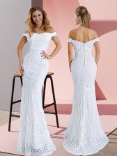  Sweep Train Mermaid Prom Dresses White Off The Shoulder Sleeveless Zipper