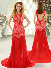 Custom Designed Red Chiffon Backless Evening Dress Sleeveless Brush Train Lace