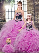 Best Selling Lilac Tulle Lace Up Sweetheart Sleeveless Vestidos de Quinceanera Sweep Train Embroidery and Ruffles