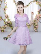 Captivating A-line Vestidos de Damas Lavender V-neck Lace Half Sleeves Mini Length Zipper