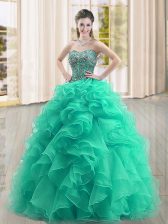  Turquoise Ball Gowns Sweetheart Sleeveless Organza Floor Length Lace Up Beading and Ruffles Quinceanera Dresses
