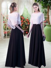 Short Sleeves Satin Floor Length Zipper Prom Evening Gown in White And Black with Lace