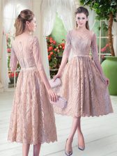 High Class Champagne Lace Zipper V-neck Half Sleeves Tea Length Prom Evening Gown Belt