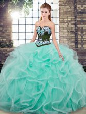  Embroidery and Ruffles Vestidos de Quinceanera Aqua Blue Lace Up Sleeveless Sweep Train