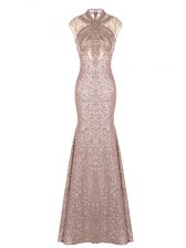  Pink High-neck Ruching Evening Dress Sequined Sleeveless