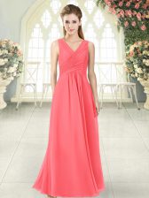  Watermelon Red Empire Chiffon V-neck Sleeveless Ruching Floor Length Zipper 