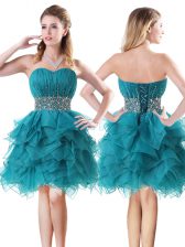 Hot Selling Organza Sweetheart Sleeveless Lace Up Beading and Ruffles Prom Dresses in Teal 