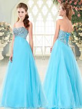  Beading Prom Gown Aqua Blue Lace Up Sleeveless Floor Length
