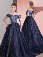  Tulle Off The Shoulder Sleeveless Court Train Lace Up Beading Evening Dress in Navy Blue