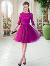 Shining Fuchsia A-line Tulle Scalloped Half Sleeves Lace Knee Length Zipper Prom Gown