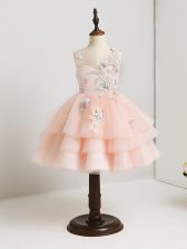 Colorful Sleeveless Mini Length Appliques Zipper Toddler Flower Girl Dress with Pink 