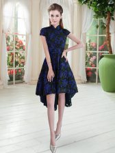  High-neck Short Sleeves Zipper Evening Dress Blue And Black Lace