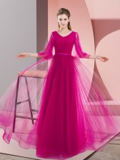  Pink and Fuchsia Tulle Zipper V-neck Long Sleeves Floor Length Beading