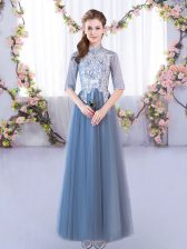  Blue Tulle Lace Up Dama Dress Half Sleeves Floor Length Lace