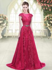  Pink Scoop Zipper Beading and Lace and Appliques Prom Dresses Sweep Train Cap Sleeves