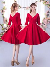 Customized Knee Length Red Quinceanera Court Dresses Satin Half Sleeves Ruching