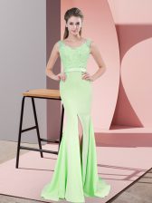 Spectacular V-neck Sleeveless Sweep Train Zipper Prom Party Dress Apple Green Chiffon