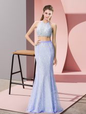 Modern Halter Top Sleeveless Backless Beading and Lace Prom Dresses in Baby Blue