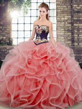 Dynamic Tulle Sweetheart Sleeveless Sweep Train Lace Up Embroidery and Ruffles Ball Gown Prom Dress in Watermelon Red