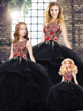 Comfortable Floor Length Black Quinceanera Dress Tulle Sleeveless Beading and Embroidery