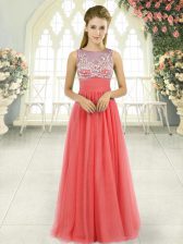 Cheap Watermelon Red Tulle Side Zipper Scoop Sleeveless Floor Length Beading