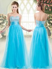 Latest Floor Length A-line Sleeveless Aqua Blue Evening Dress Lace Up