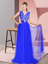 Exquisite Royal Blue Prom Evening Gown Prom and Party with Beading and Lace V-neck Sleeveless Sweep Train Zipper