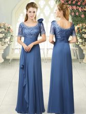 Noble Column/Sheath Prom Dress Blue Scoop Satin Short Sleeves Floor Length Zipper