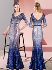 Romantic Floor Length Multi-color Prom Dress V-neck 3 4 Length Sleeve Zipper
