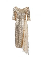 Sexy Gold Prom Evening Gown Prom and Party with Belt Scoop Half Sleeves Zipper