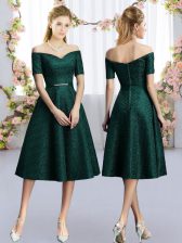  A-line Vestidos de Damas Dark Green Off The Shoulder Lace Short Sleeves Tea Length