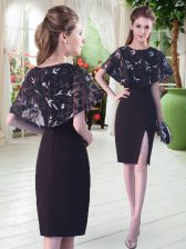  Black Satin Lace Up Scoop Half Sleeves Knee Length Lace
